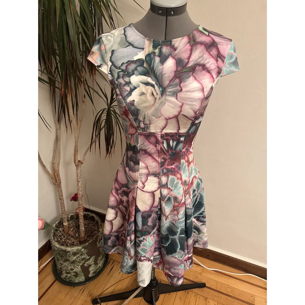 Ted Baker London Floral Scuba Skater Dress Pink Teal Rose Gold Zip